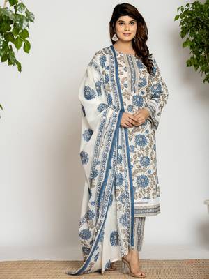  blue and off white cotton pakistani style kurta dupatta set 1
