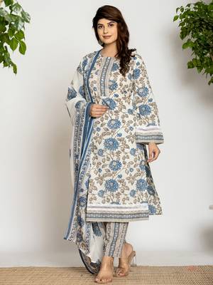  blue and off white cotton pakistani style kurta dupatta set 2