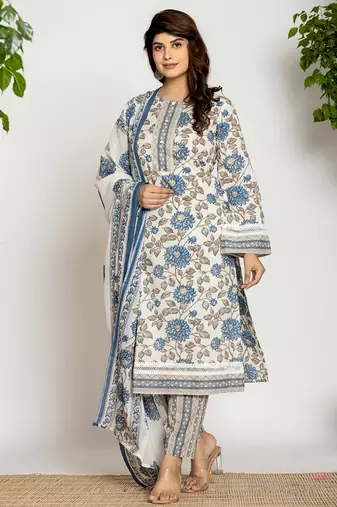  blue and off white cotton pakistani style kurta dupatta set