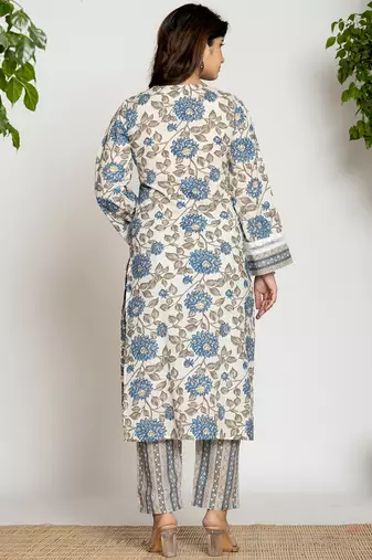  blue and off white cotton pakistani style kurta dupatta set