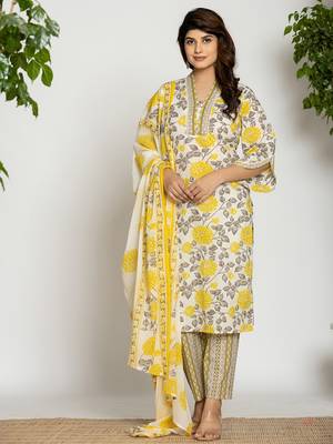  yellow and off white cotton pakistani style kurta dupatta set 1