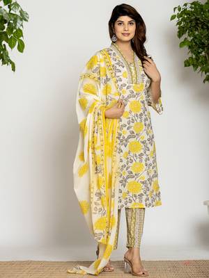  yellow and off white cotton pakistani style kurta dupatta set 2