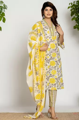  yellow and off white cotton pakistani style kurta dupatta set