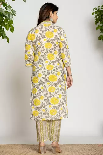  yellow and off white cotton pakistani style kurta dupatta set