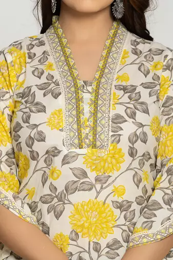 yellow and off white cotton pakistani style kurta dupatta set