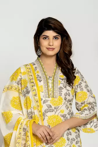  yellow and off white cotton pakistani style kurta dupatta set
