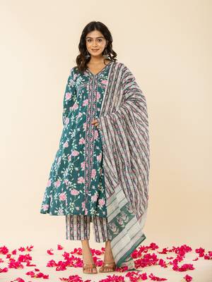  cotton green sequins work anarkali kurta dupatta set 1