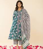  cotton green sequins work anarkali kurta dupatta set