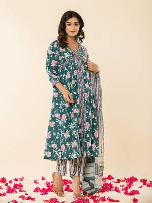  cotton green sequins work anarkali kurta dupatta set 2