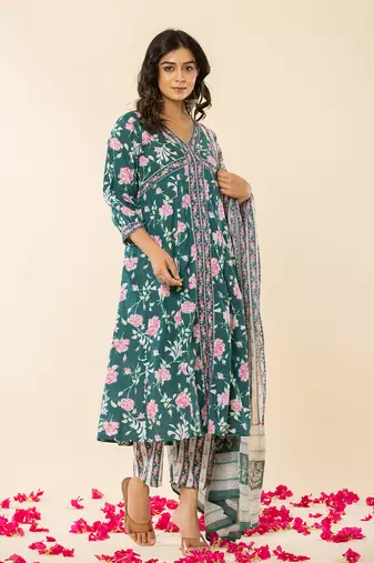 cotton green sequins work anarkali kurta dupatta set