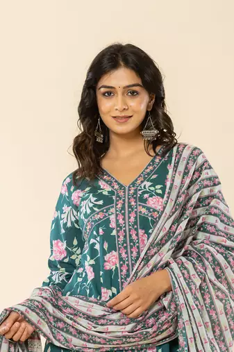  cotton green sequins work anarkali kurta dupatta set