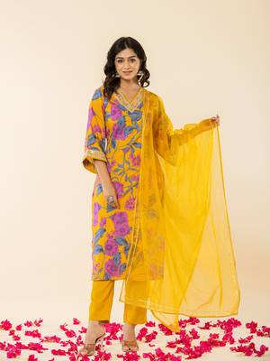 cotton mustard kurta pant dupatta set 1