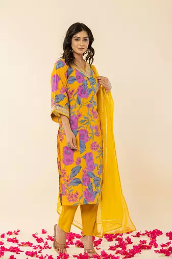 cotton mustard kurta pant dupatta set