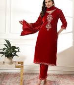  velvet maroon kurta dupatta set with embroidery