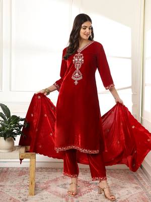  velvet maroon kurta dupatta set with embroidery 2