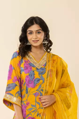  cotton mustard kurta pant dupatta set