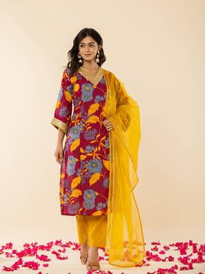  cotton burgundy kurta pant dupatta set 1