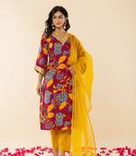  cotton burgundy kurta pant dupatta set