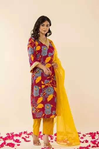  cotton burgundy kurta pant dupatta set