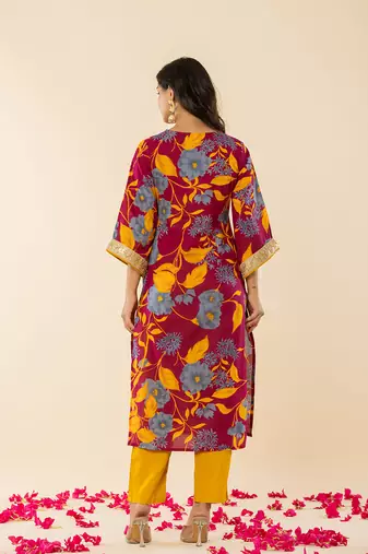  cotton burgundy kurta pant dupatta set
