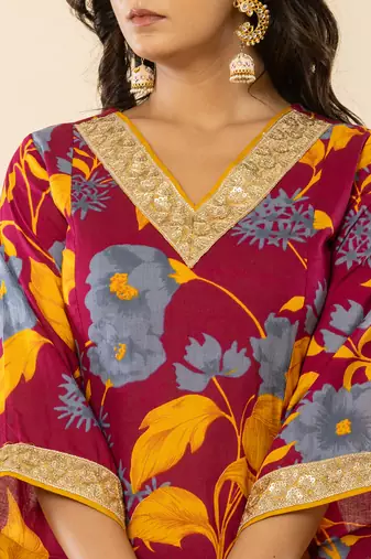  cotton burgundy kurta pant dupatta set