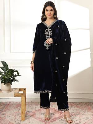  velvet navy blue kurta dupatta set with embroidery 1