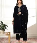  velvet navy blue kurta dupatta set with embroidery
