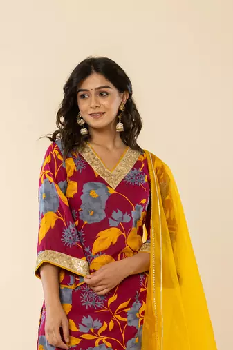  cotton burgundy kurta pant dupatta set