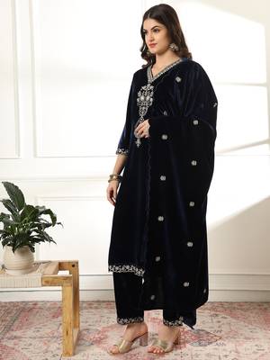  velvet navy blue kurta dupatta set with embroidery 2