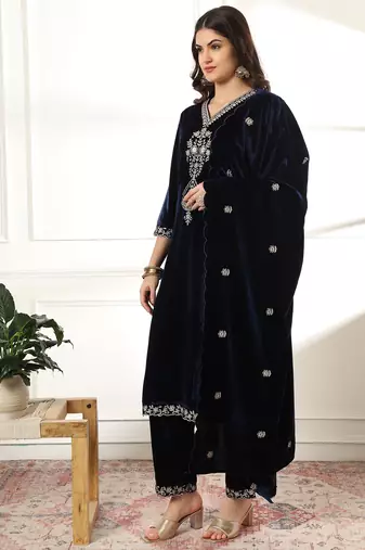  velvet navy blue kurta dupatta set with embroidery
