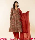  brown cotton angrakha style kurta with dobby dupatta set