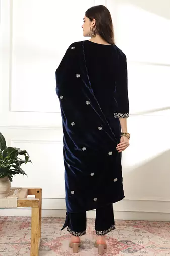  velvet navy blue kurta dupatta set with embroidery