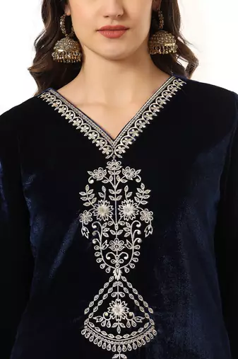  velvet navy blue kurta dupatta set with embroidery