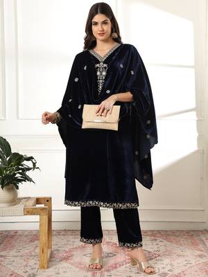  velvet navy blue kurta dupatta set with embroidery 5