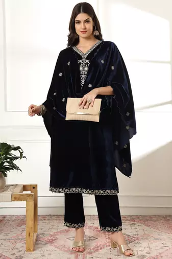  velvet navy blue kurta dupatta set with embroidery