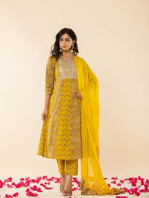  mustard cotton embroidered anarkali kurta dupatta set 1