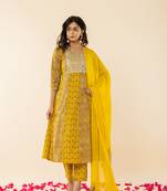  mustard cotton embroidered anarkali kurta dupatta set