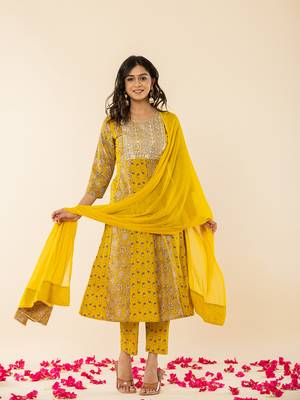  mustard cotton embroidered anarkali kurta dupatta set 2