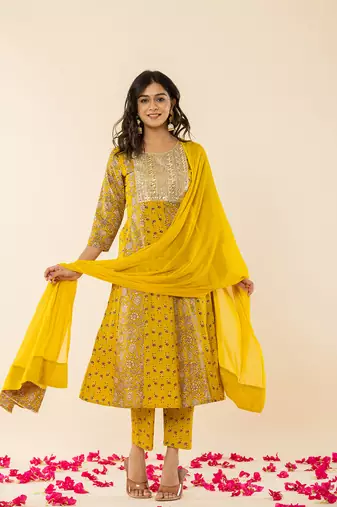  mustard cotton embroidered anarkali kurta dupatta set