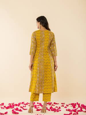  mustard cotton embroidered anarkali kurta dupatta set 3