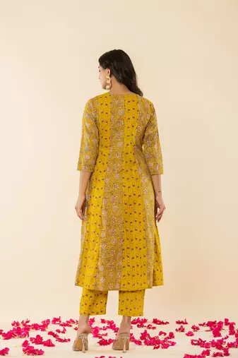 mustard cotton embroidered anarkali kurta dupatta set