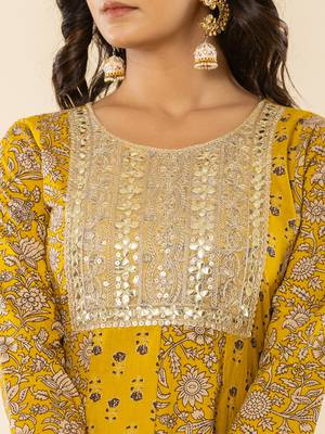  mustard cotton embroidered anarkali kurta dupatta set 4