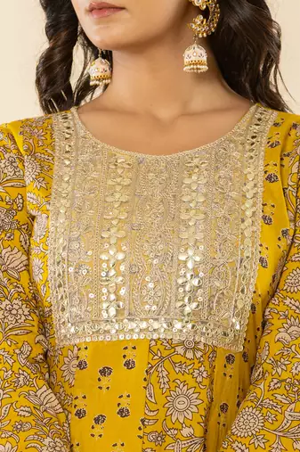  mustard cotton embroidered anarkali kurta dupatta set