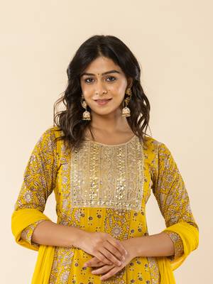  mustard cotton embroidered anarkali kurta dupatta set 5