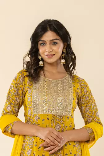  mustard cotton embroidered anarkali kurta dupatta set