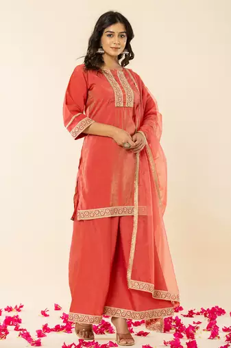  silk kurta dupatta set with flared bottom and embroidery