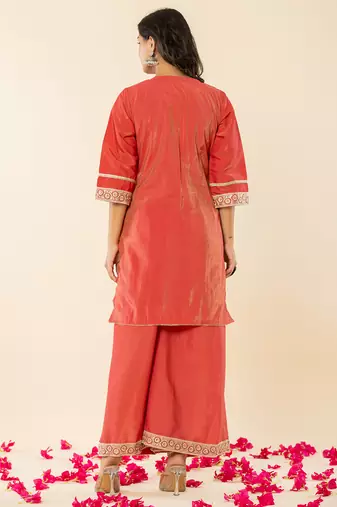  silk kurta dupatta set with flared bottom and embroidery