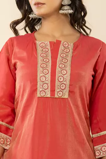  silk kurta dupatta set with flared bottom and embroidery