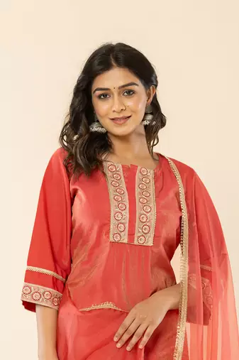  silk kurta dupatta set with flared bottom and embroidery