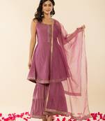  purple roman silk kurta dupatta set